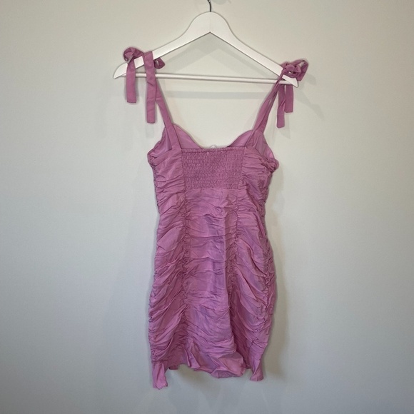 ASTR Shoulder Tie Ruffle Cinched Lilac Bodycon Dress - Picture 3 of 5